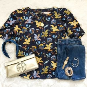 Loft Navy & Yellow Floral Botanical Silky Short Sleeve Blouse Size Small Petite